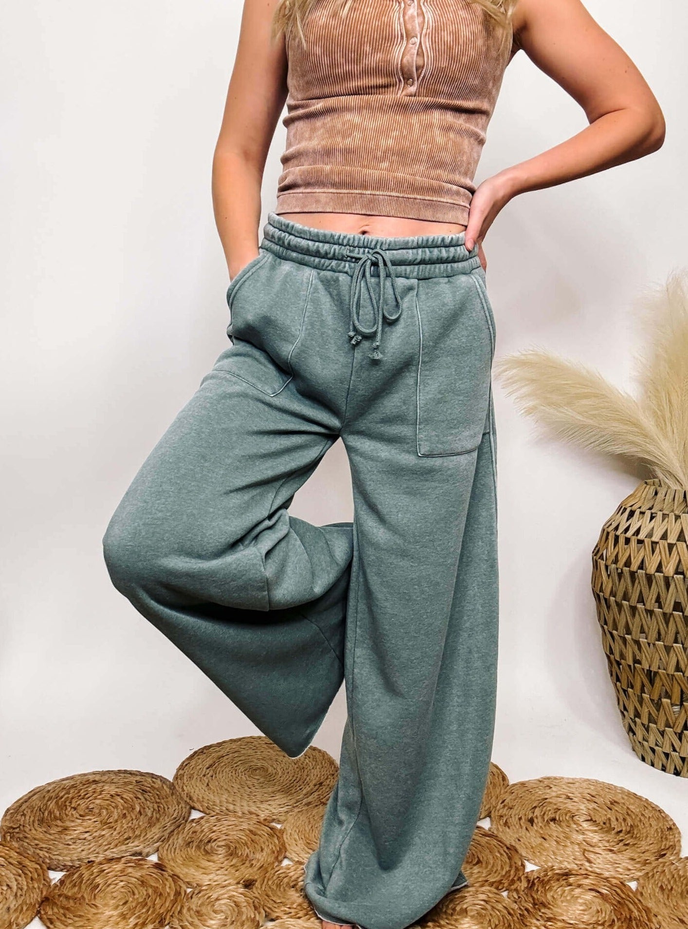 Washed Grey Sage Green Wide Leg Pocket Sweatpants