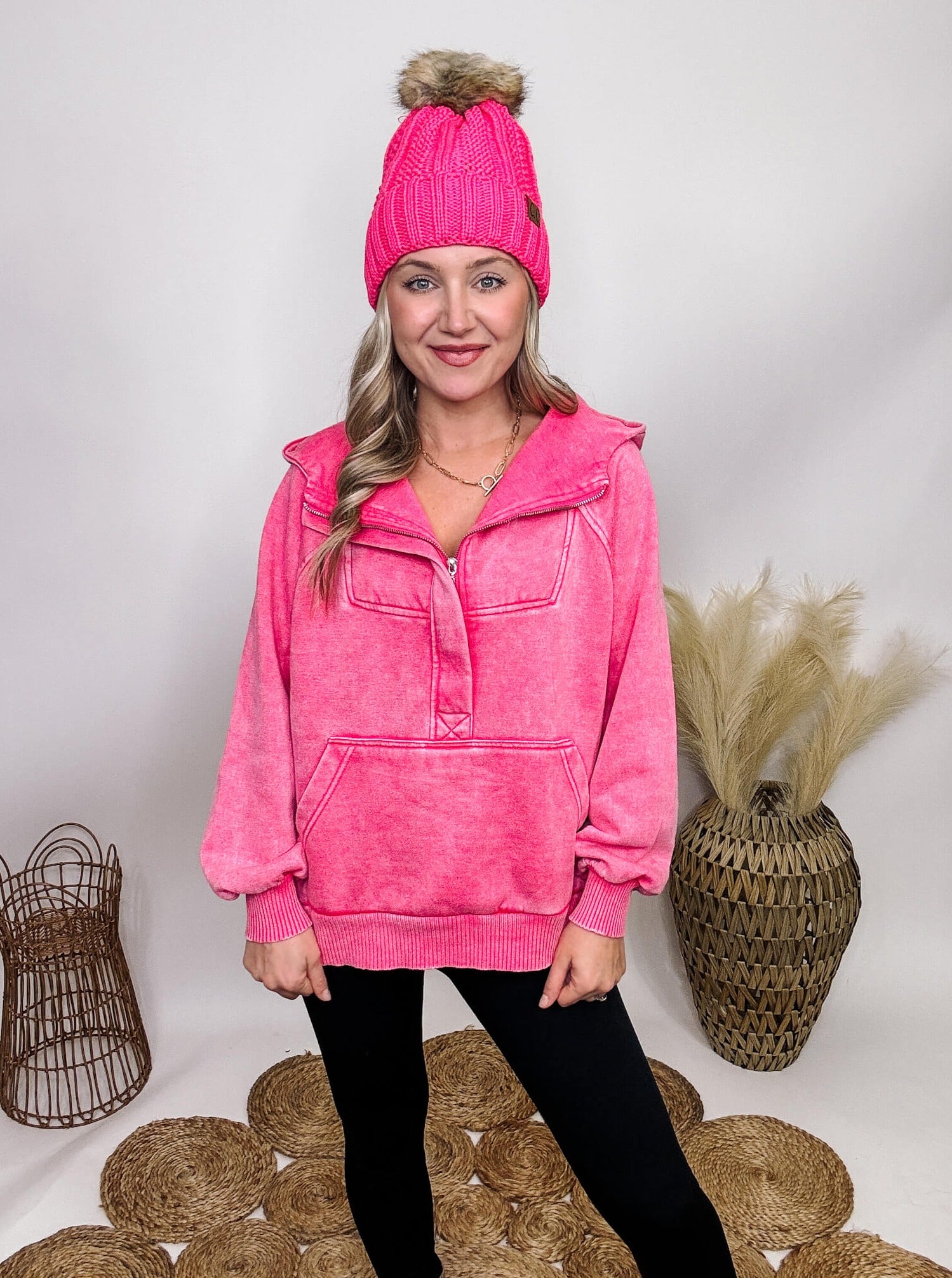 Fuchsia Pink Acid Washed Fleece Oversized 1 4 Zip Hoodie