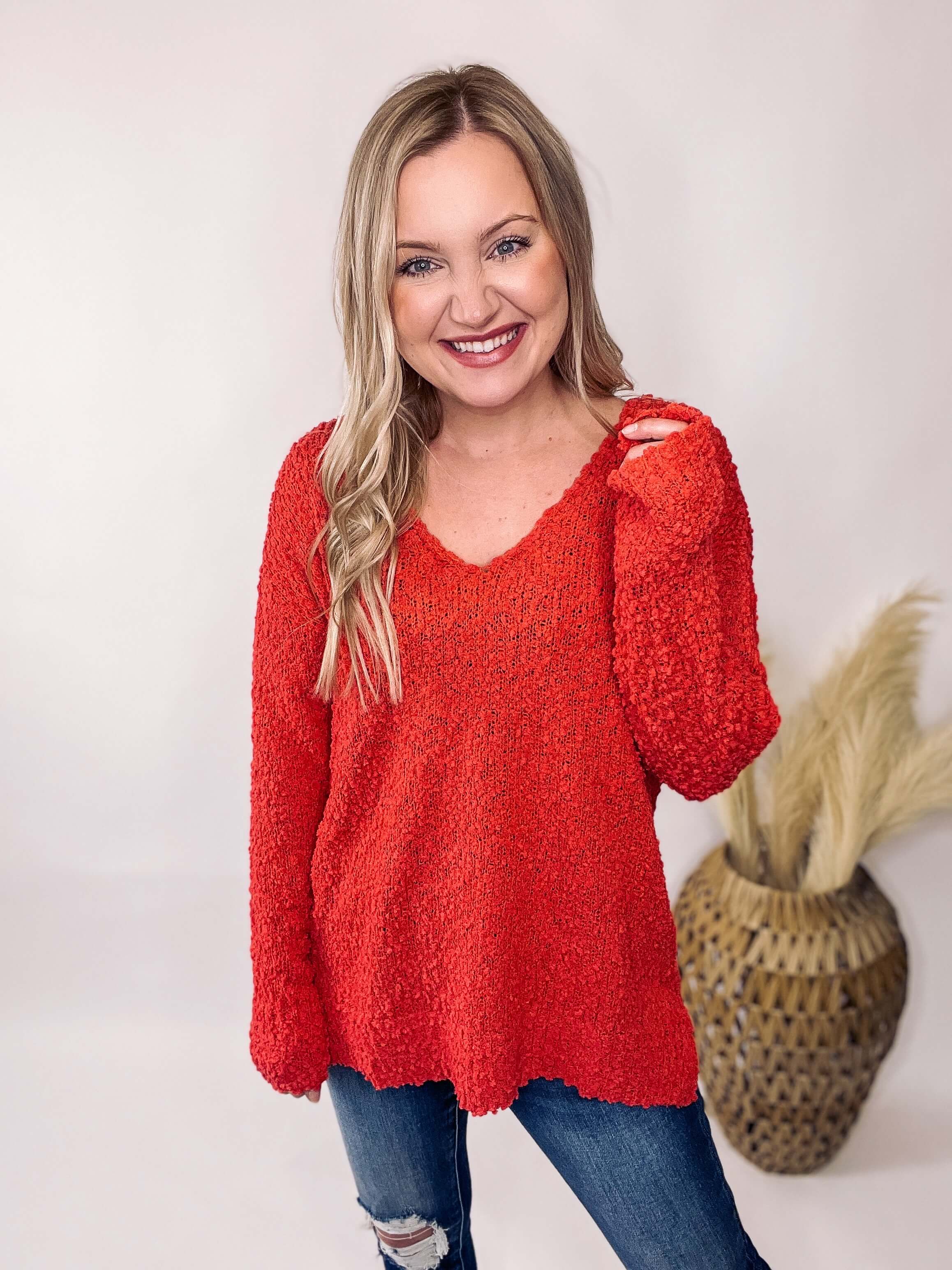 Women's Vibrant Red V-Neck Popcorn Sweater | Bmaes Boutique