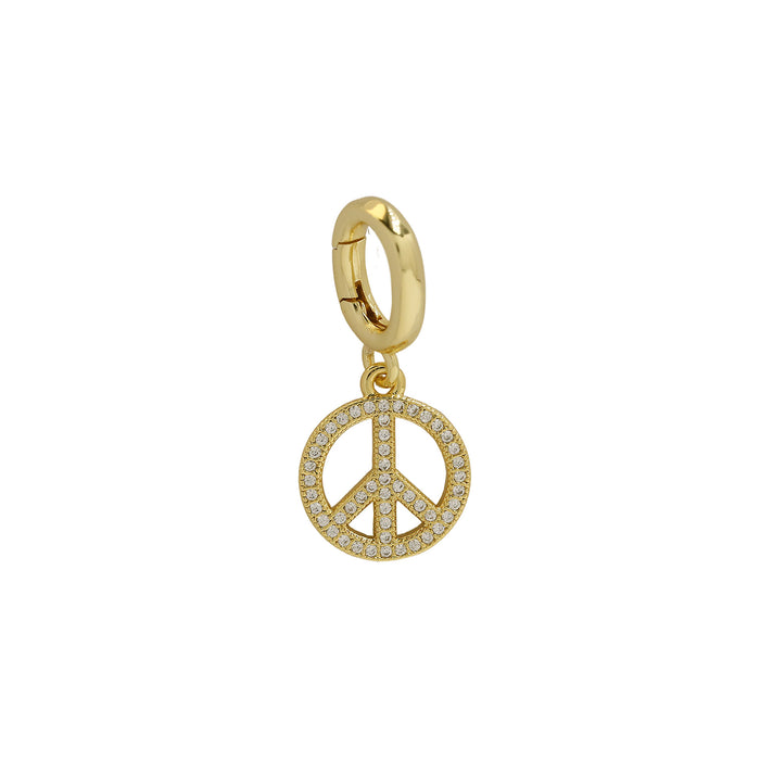 Cubic zirconia peace sign charm with interchangeable clasp, crafted from 18k gold-plated brass, perfect for gifting and spreading positivity in a boho style at Bmaes Boutique.