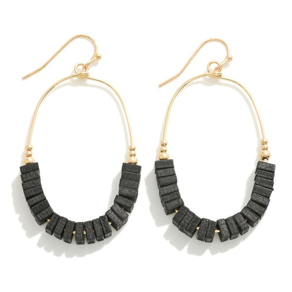 Black Square Wood Beads Wire Hoop Drop Earrings Approximately 2.25" in Length. 