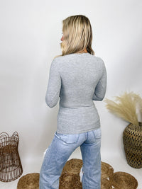 Active Basic Gray long sleeve crew neck ribbed knit top featuring a snug, comfortable fit made from stretchy 2x2 rib fabric, perfect for layering or wearing alone.