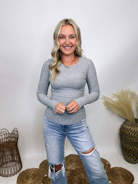 Active Basic Gray long sleeve crew neck ribbed knit top featuring a snug, comfortable fit made from stretchy 2x2 rib fabric, perfect for layering or wearing alone.
