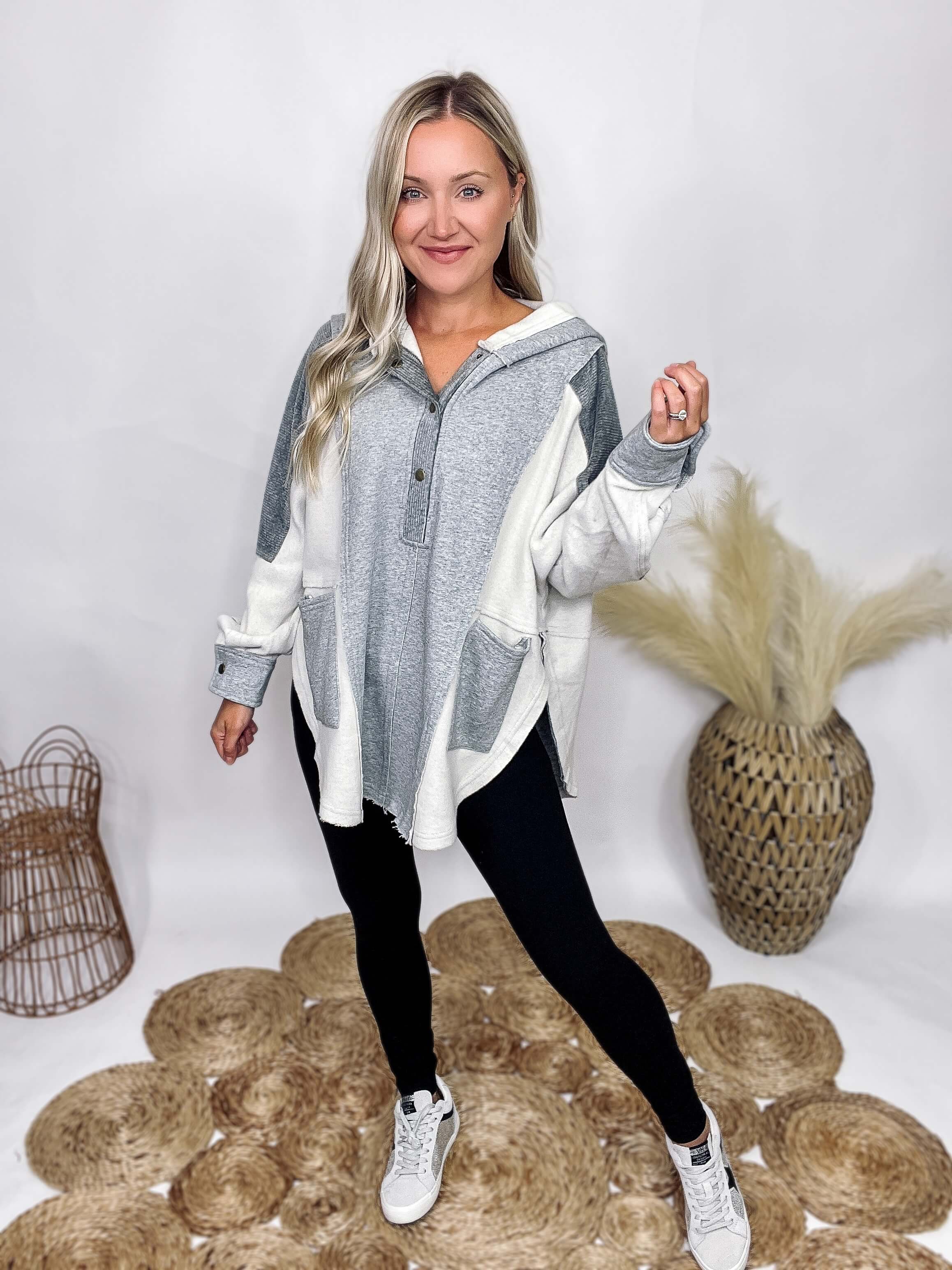 Oversized Henley Pullover Hoodie in Heather Grey Bmaes Boutique