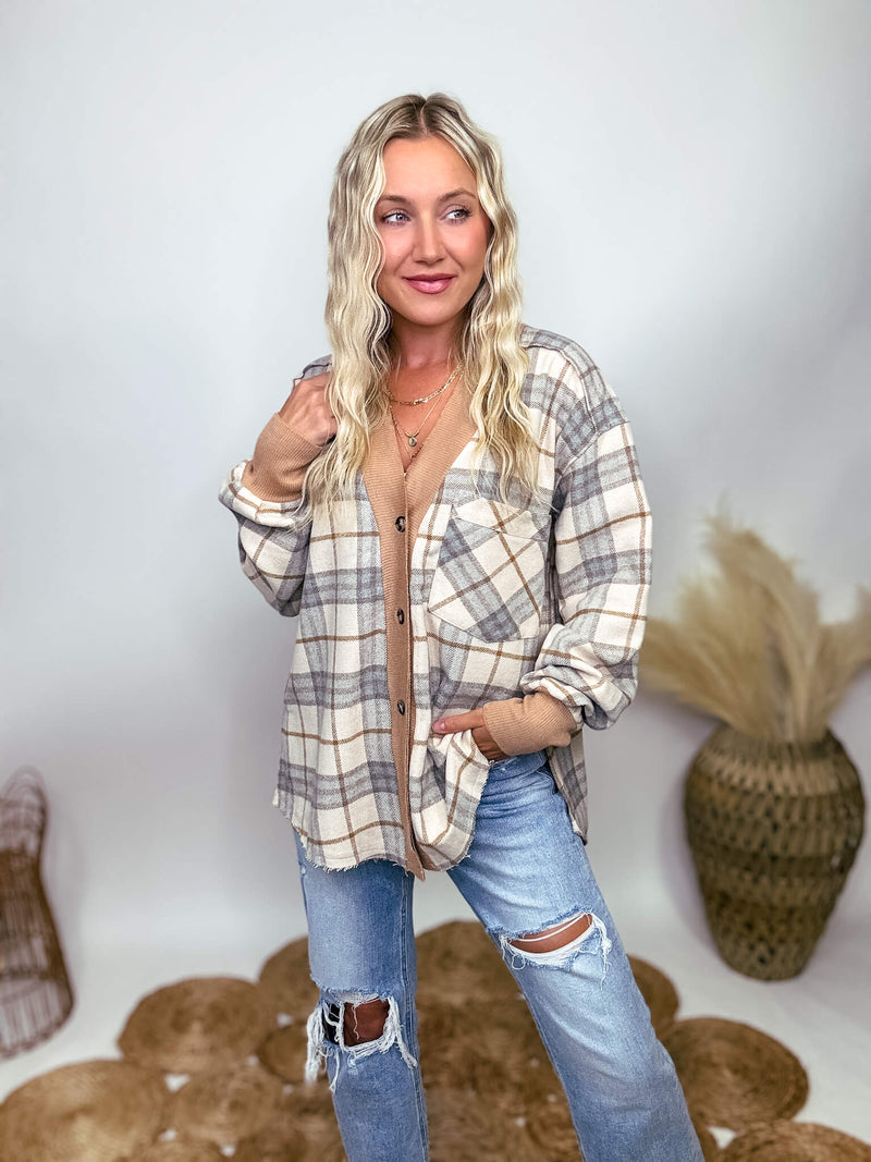 Aemi + Co Neutral Plaid Button Up Cardigan Jacket