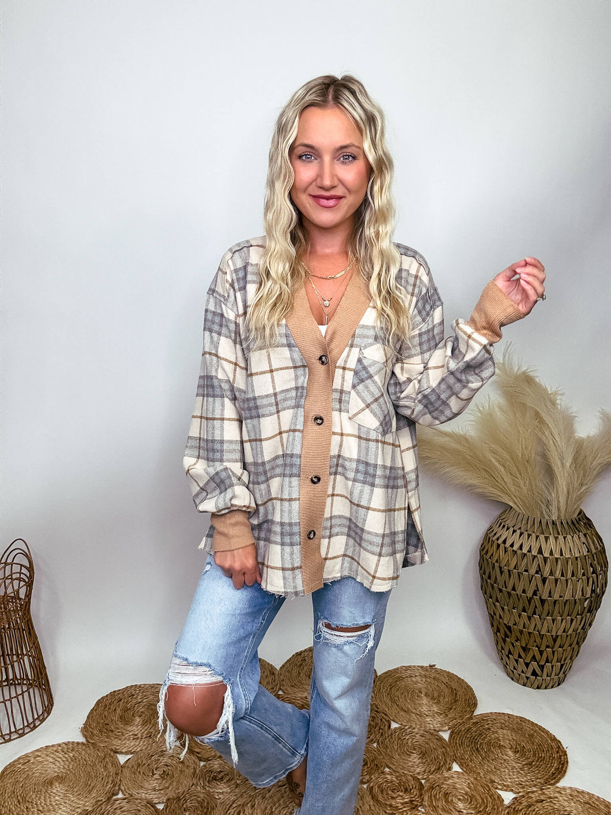 Aemi + Co Neutral Plaid Button Up Cardigan Jacket