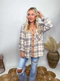 Aemi + Co Neutral Plaid Button Up Cardigan Jacket