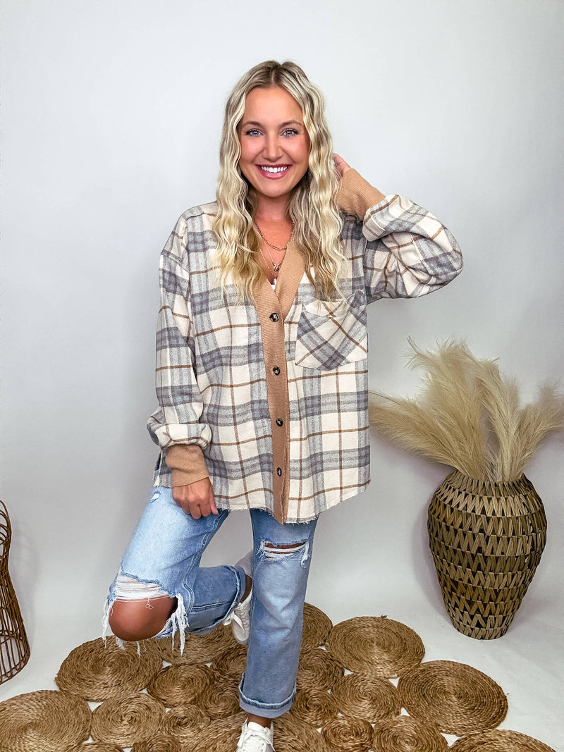 Aemi + Co Neutral Plaid Button Up Cardigan Jacket