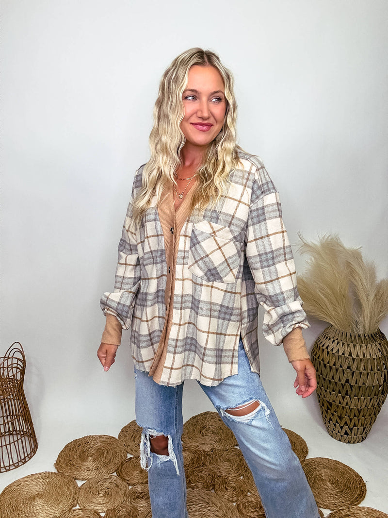 Aemi + Co Neutral Plaid Button Up Cardigan Jacket