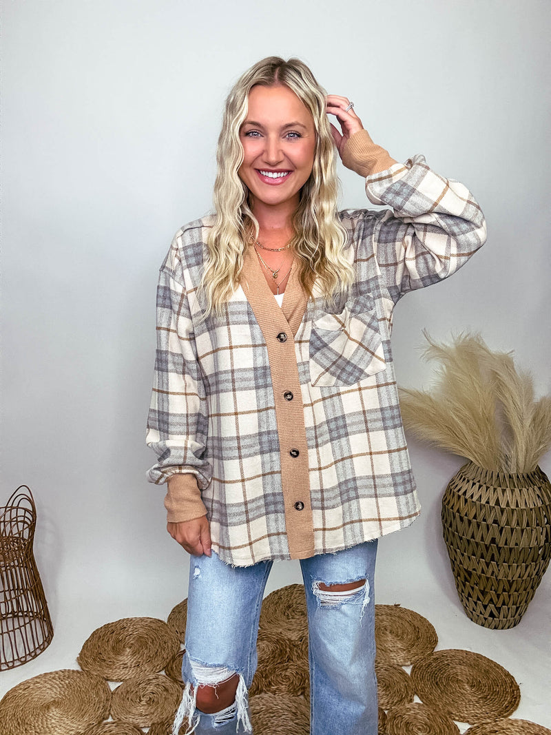 Aemi + Co Neutral Plaid Button Up Cardigan Jacket