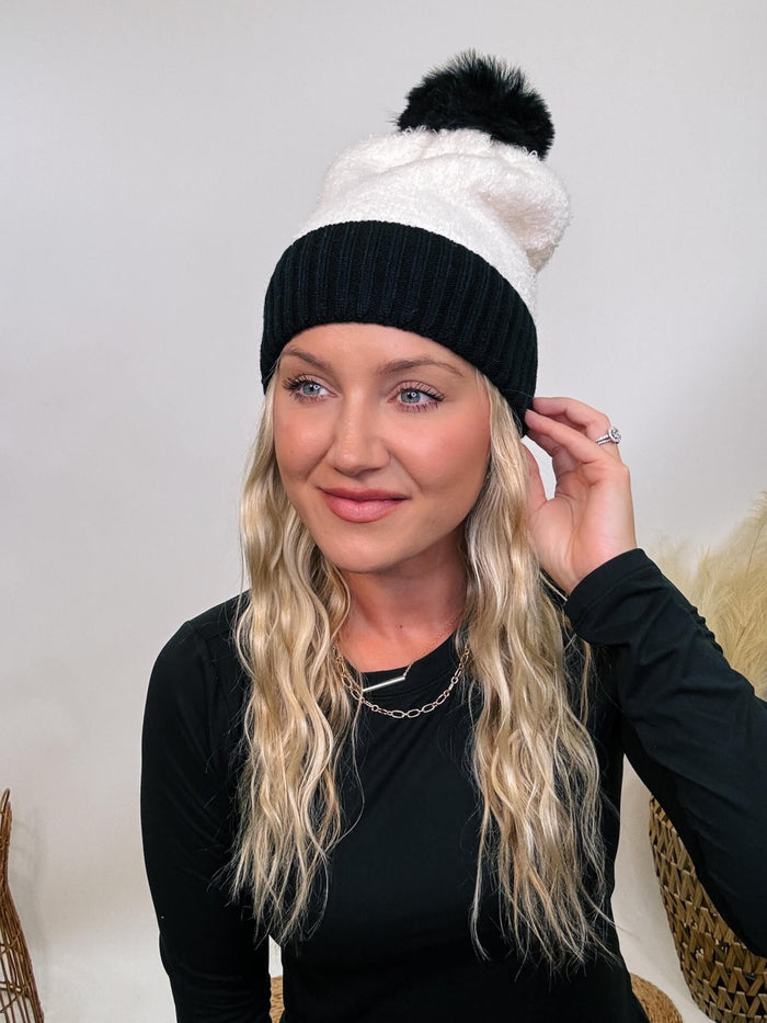 Black Cuffed Sherpa Beanie with Faux Fur Pom