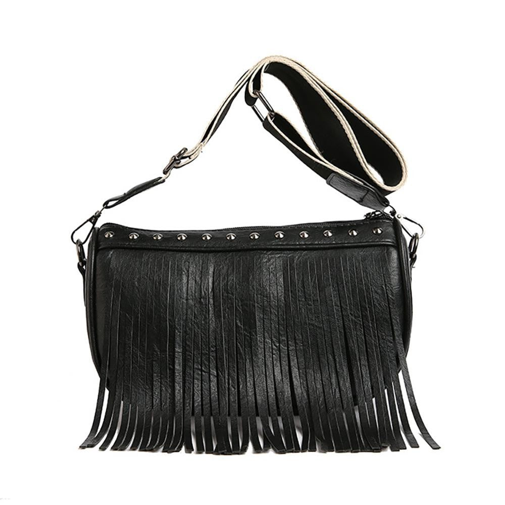 Vegan Leather Fringe Cross Body Bag With Cavas Strap &amp; Stud Details Full Zipper Closure Lined Body One Internal Zipper Pocket Approximately 10" L X 6" T X 3" D Removable Adjustable Strap 28"- 48" L