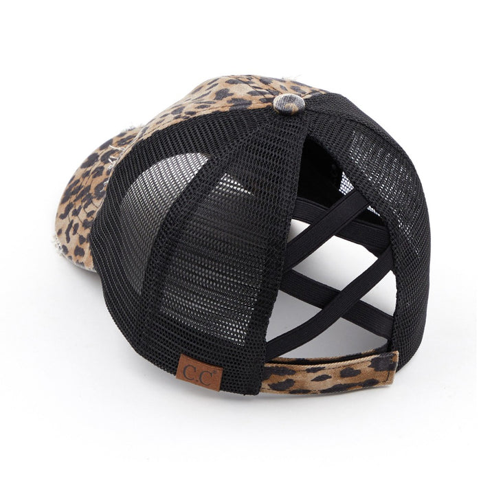Leopard Print Criss-Cross Ponytail Opening Adjustable Velcro Closure  One Size 60% Cotton, 40% Polyester