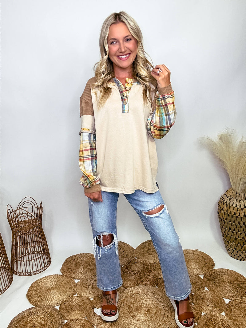 Easel Layered Look Henley 4 Button Long Sleeve Top Round Neckline with Frayed Detailing Plaid Sleeves  Waffle Fabric Detail Side Slits Oversized Fit 72% Cotton, 28% Polyester