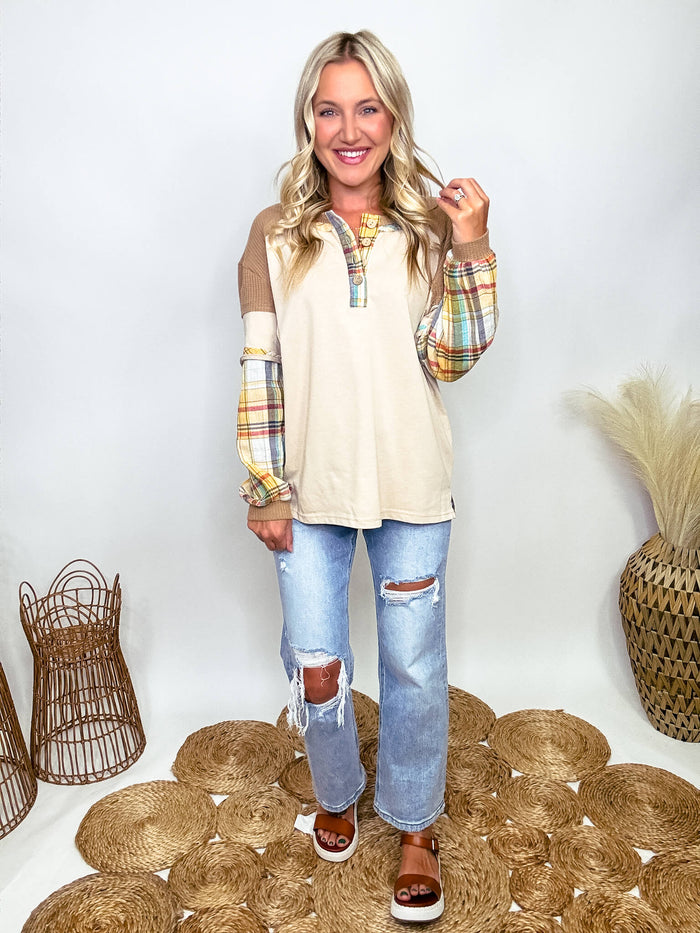Easel Layered Look Henley 4 Button Long Sleeve Top Round Neckline with Frayed Detailing Plaid Sleeves  Waffle Fabric Detail Side Slits Oversized Fit 72% Cotton, 28% Polyester