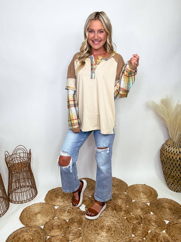 Easel Layered Look Henley 4 Button Long Sleeve Top Round Neckline with Frayed Detailing Plaid Sleeves  Waffle Fabric Detail Side Slits Oversized Fit 72% Cotton, 28% Polyester