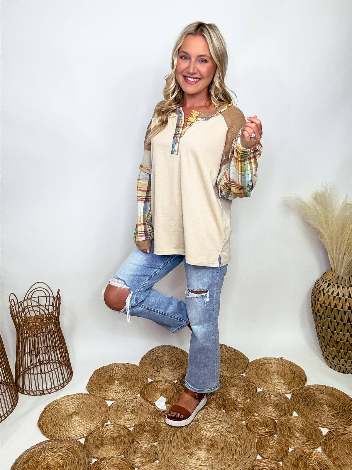 Easel Layered Look Henley 4 Button Long Sleeve Top Round Neckline with Frayed Detailing Plaid Sleeves  Waffle Fabric Detail Side Slits Oversized Fit 72% Cotton, 28% Polyester