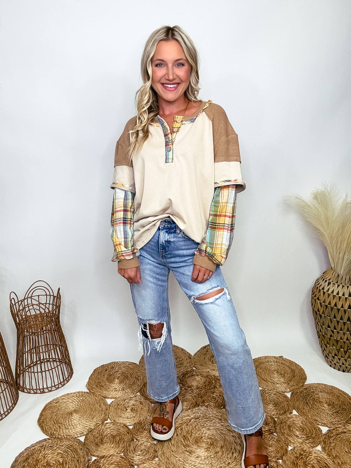 Easel Layered Look Henley 4 Button Long Sleeve Top Round Neckline with Frayed Detailing Plaid Sleeves  Waffle Fabric Detail Side Slits Oversized Fit 72% Cotton, 28% Polyester