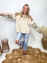 Easel Layered Look Henley 4 Button Long Sleeve Top Round Neckline with Frayed Detailing Plaid Sleeves  Waffle Fabric Detail Side Slits Oversized Fit 72% Cotton, 28% Polyester