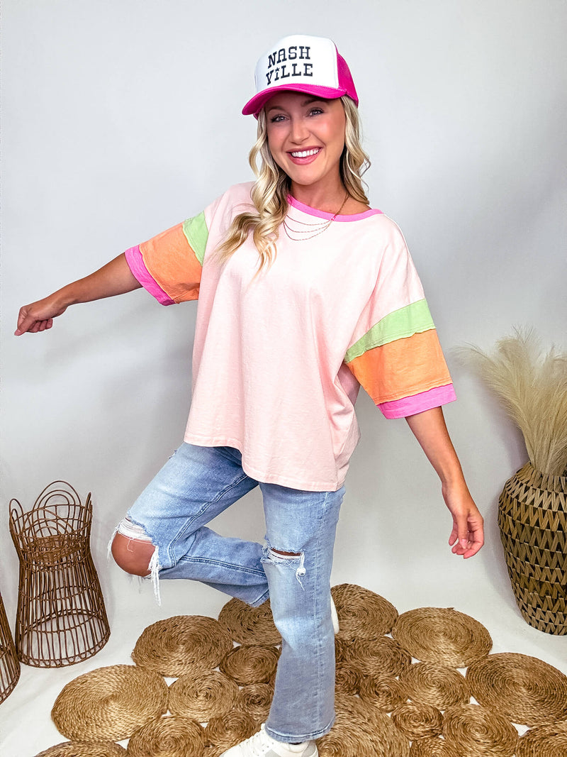 Easel Pink, Orange and Green Colorblock Sleeves with Raw Cut Details Short Sleeve T-Shirt Loose Oversized Fit 100% Cotton