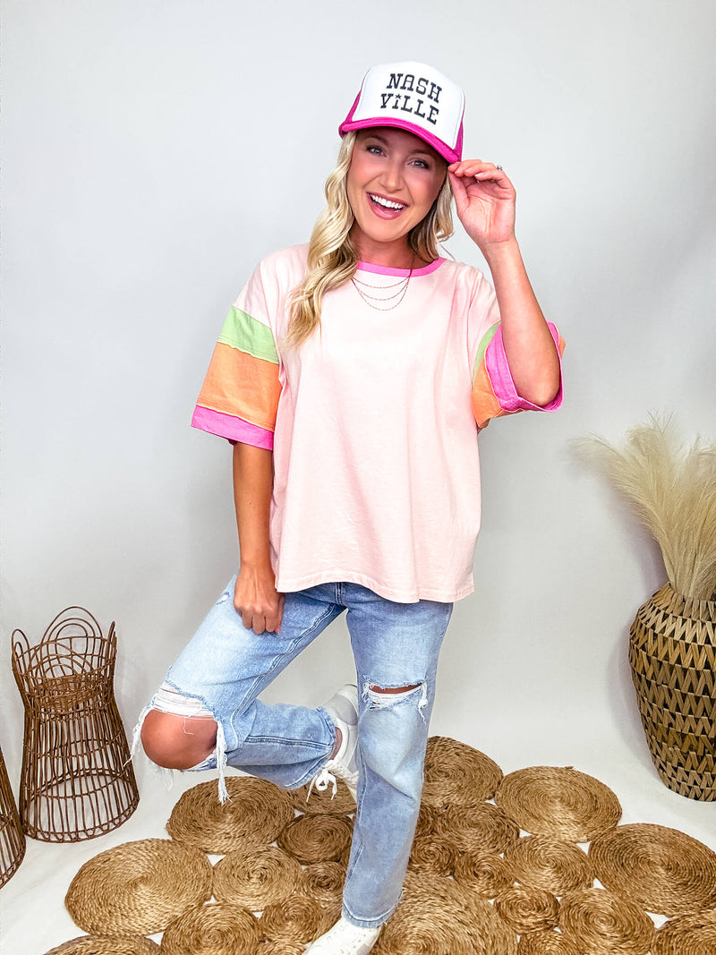 Easel Pink, Orange and Green Colorblock Sleeves with Raw Cut Details Short Sleeve T-Shirt Loose Oversized Fit 100% Cotton