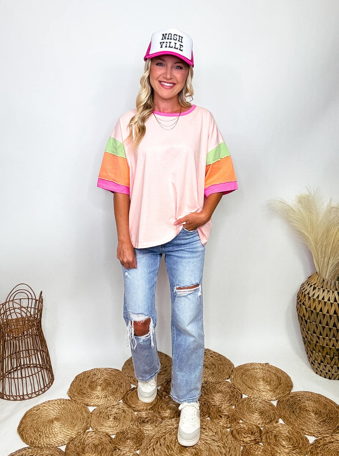 Easel Pink, Orange and Green Colorblock Sleeves with Raw Cut Details Short Sleeve T-Shirt Loose Oversized Fit 100% Cotton