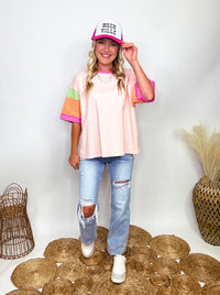 Easel Pink, Orange and Green Colorblock Sleeves with Raw Cut Details Short Sleeve T-Shirt Loose Oversized Fit 100% Cotton