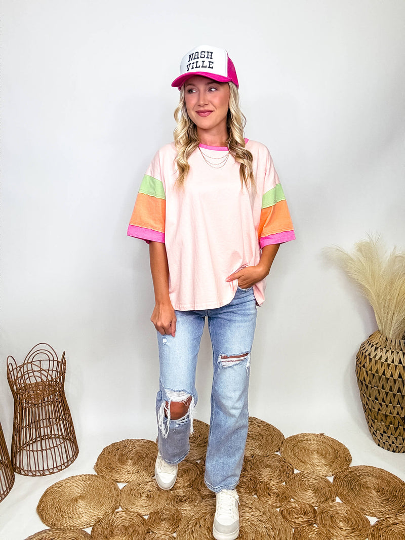 Easel Pink, Orange and Green Colorblock Sleeves with Raw Cut Details Short Sleeve T-Shirt Loose Oversized Fit 100% Cotton