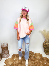 Easel Pink, Orange and Green Colorblock Sleeves with Raw Cut Details Short Sleeve T-Shirt Loose Oversized Fit 100% Cotton