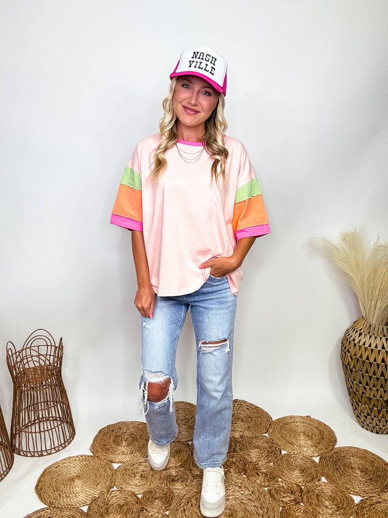 Easel Pink, Orange and Green Colorblock Sleeves with Raw Cut Details Short Sleeve T-Shirt Loose Oversized Fit 100% Cotton