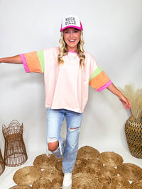 Easel Pink, Orange and Green Colorblock Sleeves with Raw Cut Details Short Sleeve T-Shirt Loose Oversized Fit 100% Cotton