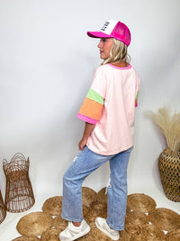 Easel Pink, Orange and Green Colorblock Sleeves with Raw Cut Details Short Sleeve T-Shirt Loose Oversized Fit 100% Cotton