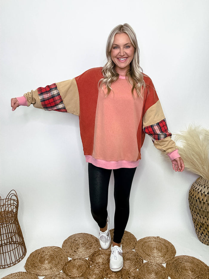 Easel Clothing Colorblock terry knit pullover with rounded neckline, dropped shoulders, plaid patches on sleeves, and exposed seams. Model Brooke is 5'4" wearing size small