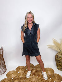 Black Acid Washed Sporty Chic Half Zip Dress