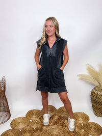 Black Acid Washed Sporty Chic Half Zip Dress