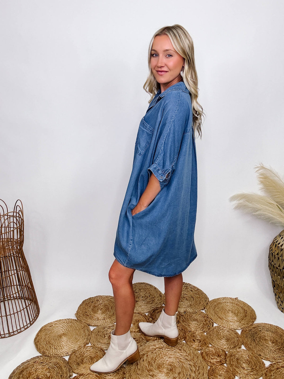 Entro Denim Shirt Dress with Pockets Half Sleeve with Buttons Fully Functional Buttons Hidden Side Pockets Chest Pocket Collared Lightweight Soft Denim Material Oversized Flowy Fit  Can size down if in between sizes 100% Tencel