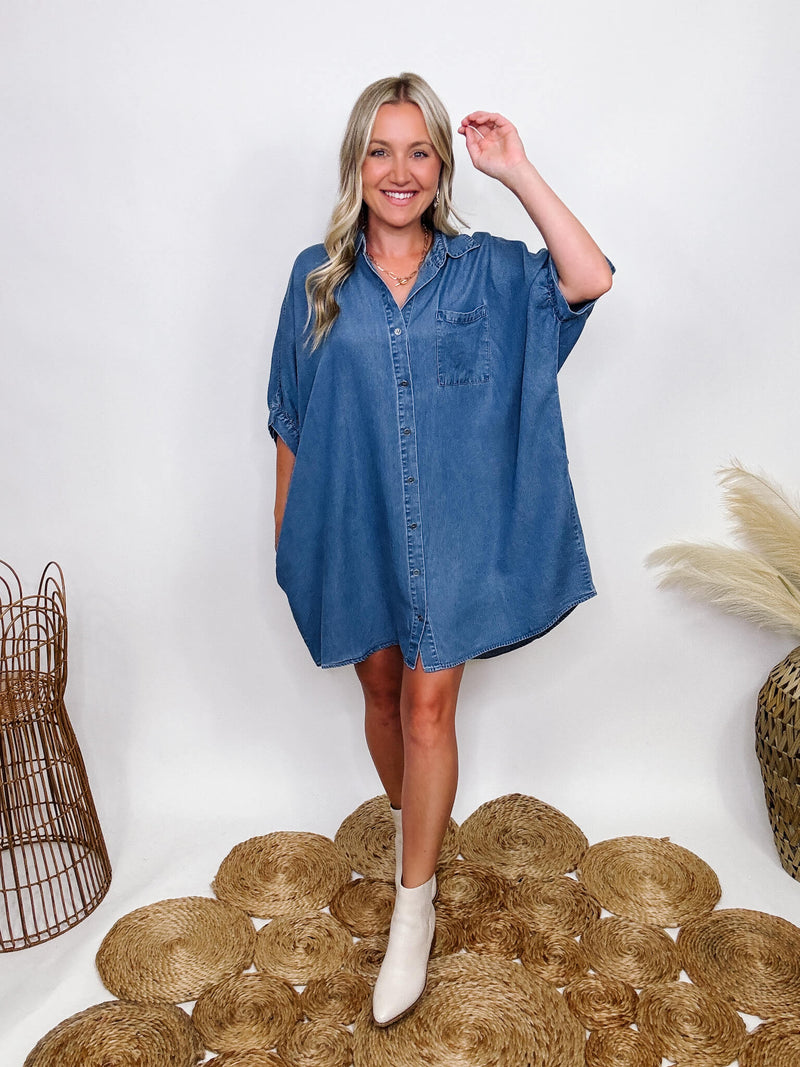 Entro Denim Shirt Dress with Pockets Half Sleeve with Buttons Fully Functional Buttons Hidden Side Pockets Chest Pocket Collared Lightweight Soft Denim Material Oversized Flowy Fit  Can size down if in between sizes 100% Tencel