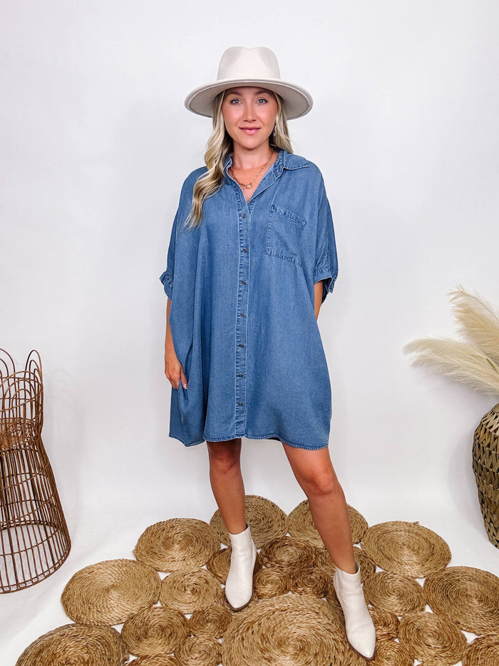 Entro Denim Shirt Dress with Pockets Half Sleeve with Buttons Fully Functional Buttons Hidden Side Pockets Chest Pocket Collared Lightweight Soft Denim Material Oversized Flowy Fit  Can size down if in between sizes 100% Tencel