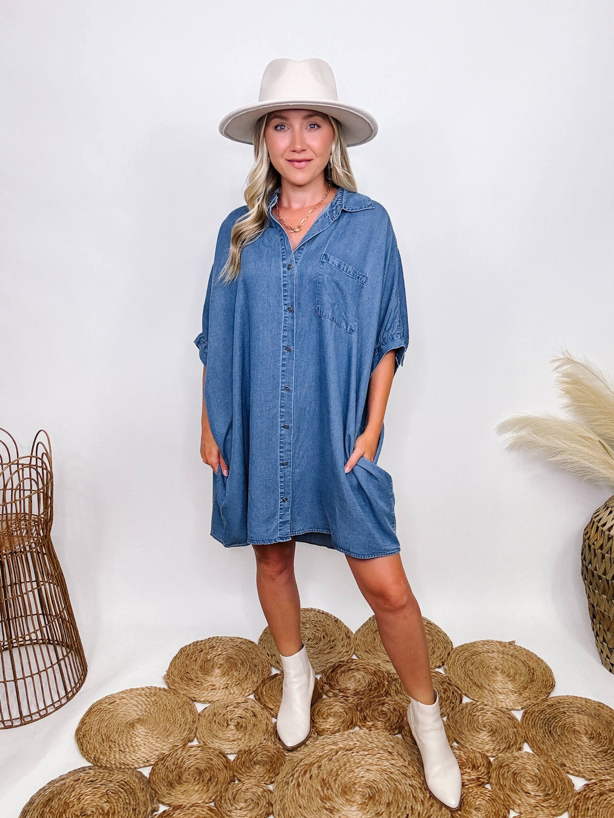 Entro Denim Shirt Dress with Pockets Half Sleeve with Buttons Fully Functional Buttons Hidden Side Pockets Chest Pocket Collared Lightweight Soft Denim Material Oversized Flowy Fit  Can size down if in between sizes 100% Tencel