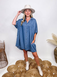 Entro Denim Shirt Dress with Pockets Half Sleeve with Buttons Fully Functional Buttons Hidden Side Pockets Chest Pocket Collared Lightweight Soft Denim Material Oversized Flowy Fit  Can size down if in between sizes 100% Tencel