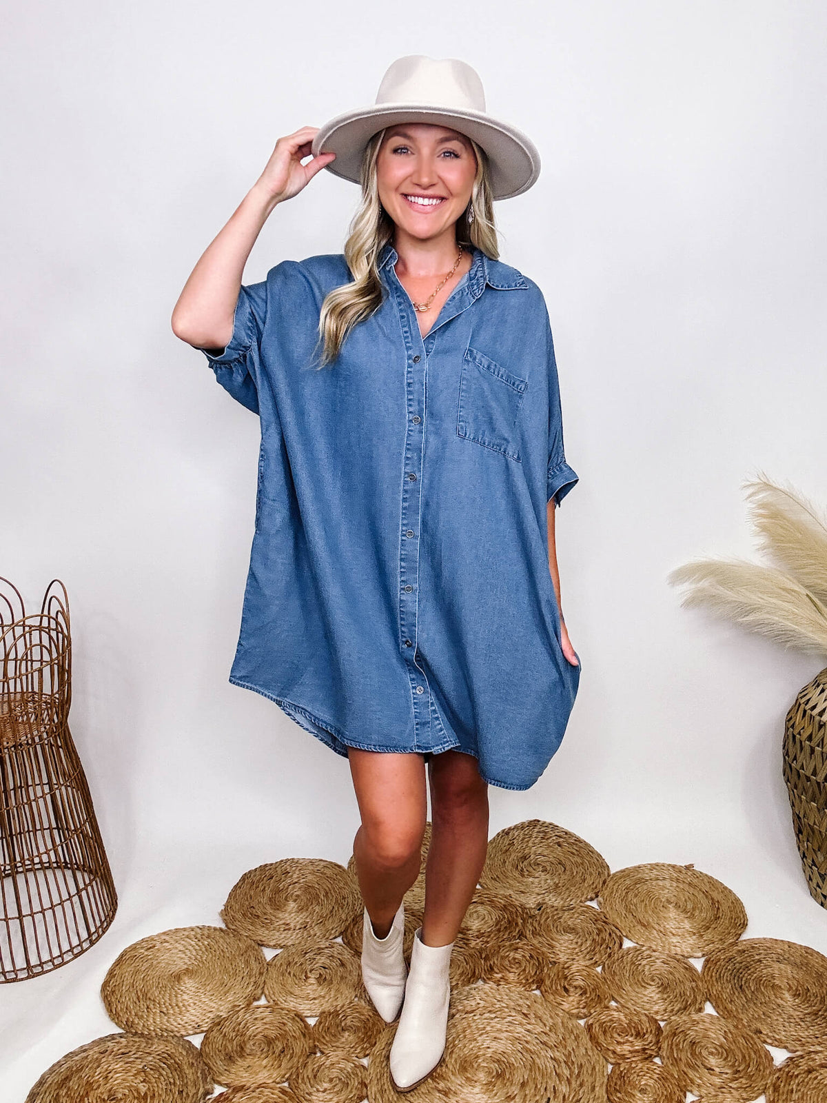 Entro Denim Shirt Dress with Pockets Half Sleeve with Buttons Fully Functional Buttons Hidden Side Pockets Chest Pocket Collared Lightweight Soft Denim Material Oversized Flowy Fit  Can size down if in between sizes 100% Tencel