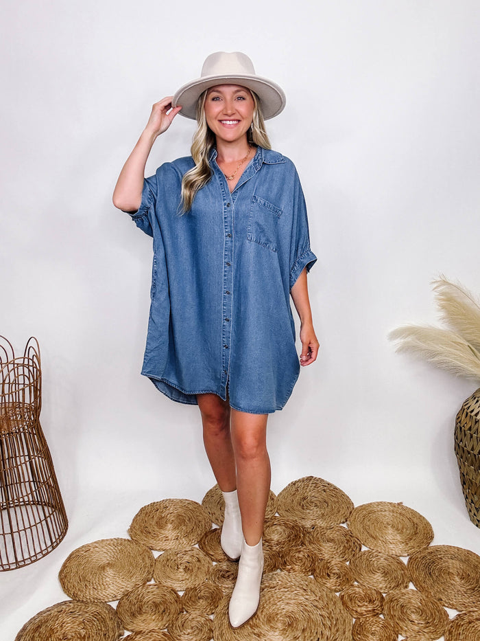 Entro Denim Shirt Dress with Pockets Half Sleeve with Buttons Fully Functional Buttons Hidden Side Pockets Chest Pocket Collared Lightweight Soft Denim Material Oversized Flowy Fit  Can size down if in between sizes 100% Tencel
