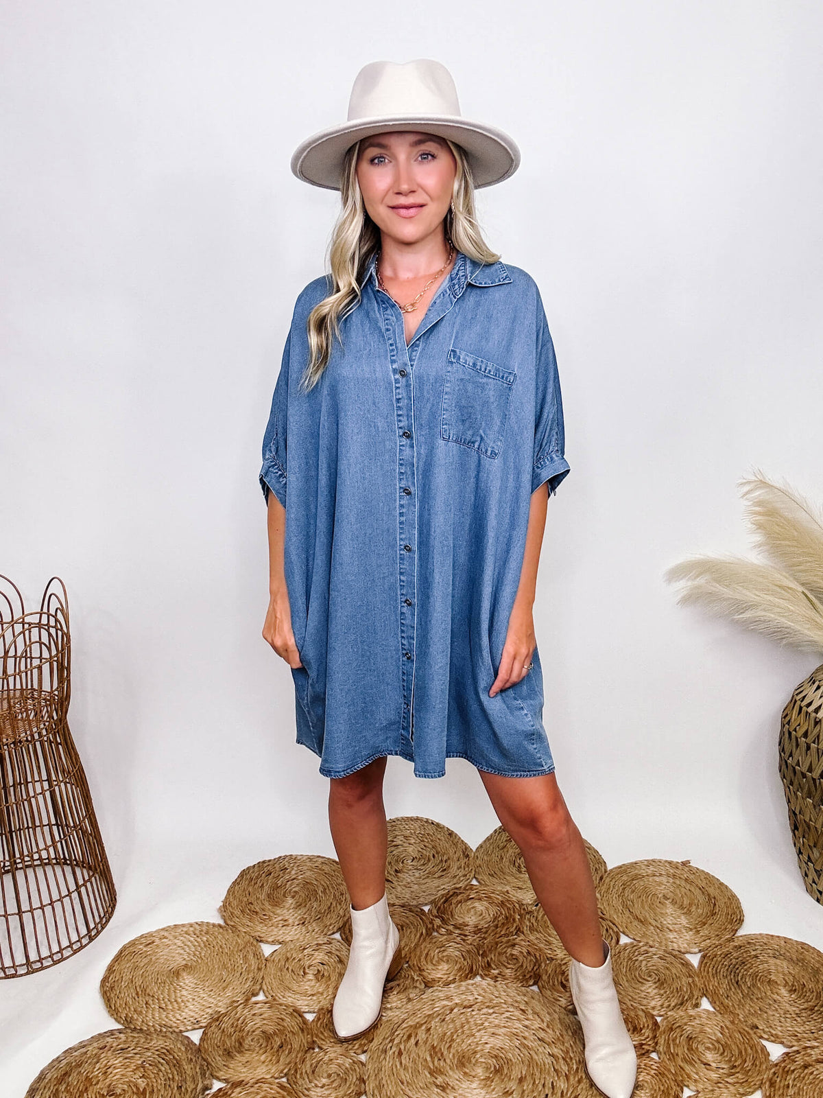 Entro Denim Shirt Dress with Pockets Half Sleeve with Buttons Fully Functional Buttons Hidden Side Pockets Chest Pocket Collared Lightweight Soft Denim Material Oversized Flowy Fit  Can size down if in between sizes 100% Tencel