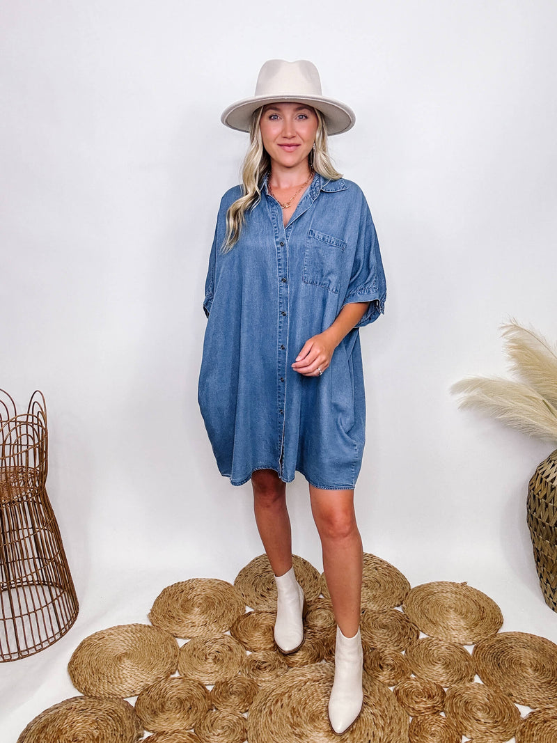 Entro Denim Shirt Dress with Pockets Half Sleeve with Buttons Fully Functional Buttons Hidden Side Pockets Chest Pocket Collared Lightweight Soft Denim Material Oversized Flowy Fit  Can size down if in between sizes 100% Tencel