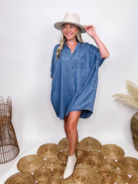 Entro Denim Shirt Dress with Pockets Half Sleeve with Buttons Fully Functional Buttons Hidden Side Pockets Chest Pocket Collared Lightweight Soft Denim Material Oversized Flowy Fit  Can size down if in between sizes 100% Tencel