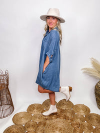 Entro Denim Shirt Dress with Pockets Half Sleeve with Buttons Fully Functional Buttons Hidden Side Pockets Chest Pocket Collared Lightweight Soft Denim Material Oversized Flowy Fit  Can size down if in between sizes 100% Tencel