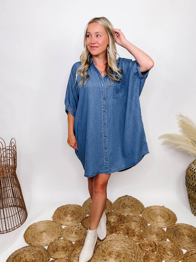 Entro Denim Shirt Dress with Pockets Half Sleeve with Buttons Fully Functional Buttons Hidden Side Pockets Chest Pocket Collared Lightweight Soft Denim Material Oversized Flowy Fit  Can size down if in between sizes 100% Tencel