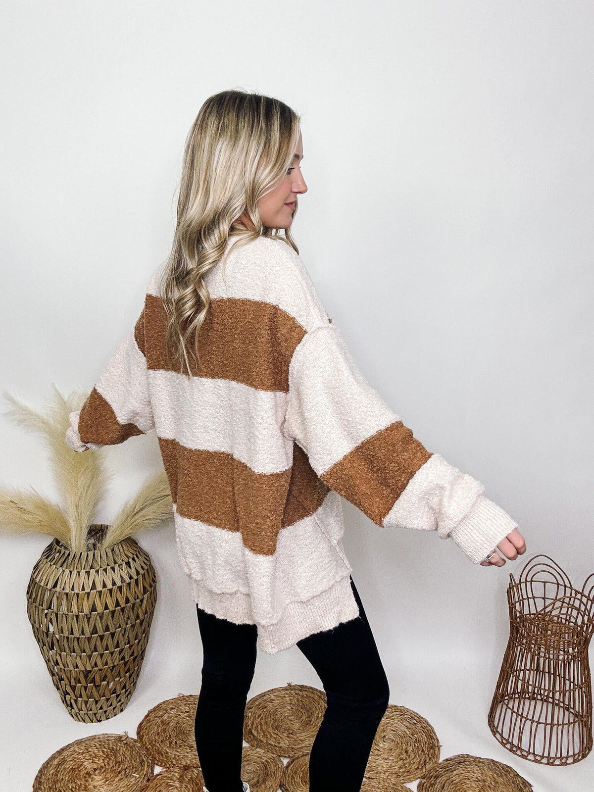 Fantastic Fawn Brown and Cream Striped Button Down Sweater Hi-Low Hem Fuzzy Soft and Stretchy Oversized Fit 100% Polyester