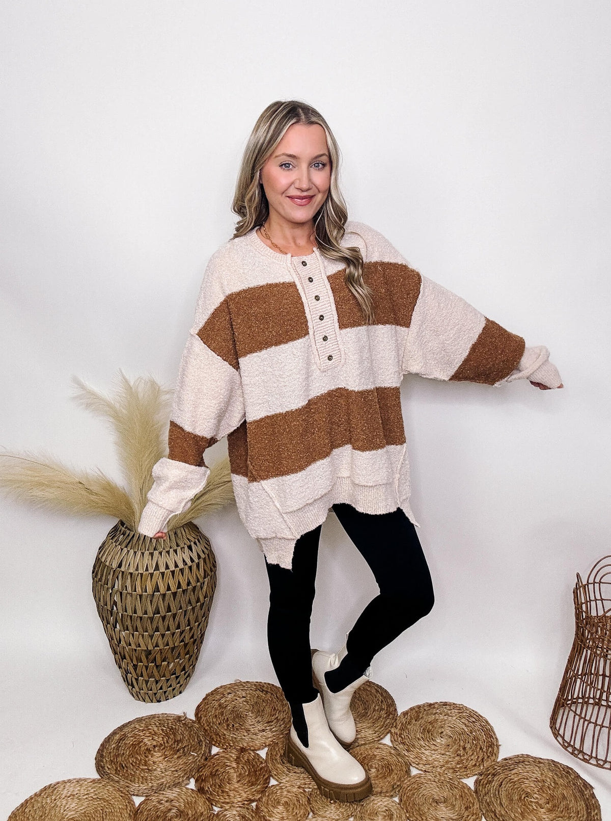 Fantastic Fawn Brown and Cream Striped Button Down Sweater Hi-Low Hem Fuzzy Soft and Stretchy Oversized Fit 100% Polyester