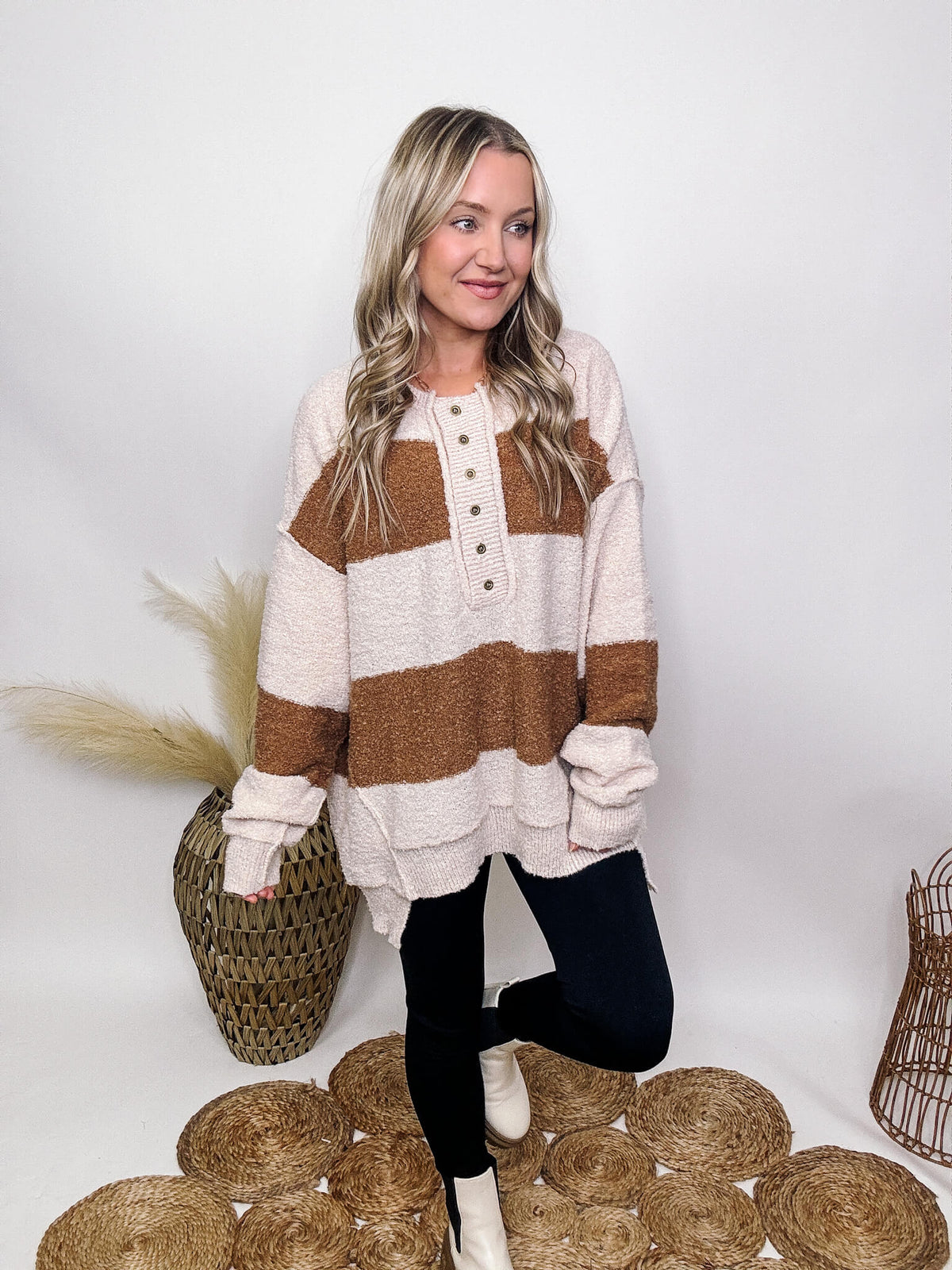 Fantastic Fawn Brown and Cream Striped Button Down Sweater Hi-Low Hem Fuzzy Soft and Stretchy Oversized Fit 100% Polyester